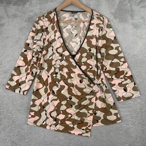 Y2K Faux Wrap Top Womens Large Brown Pink Abstract 3/4 Sleeve O-Ring Y2K